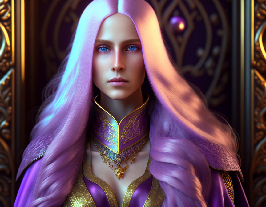 Digital Artwork: Woman with Long Purple Hair and Ornate Clothing