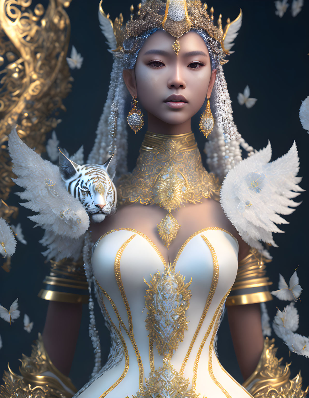 Regal woman with golden embroidery, jewelry, white tiger, and wings.