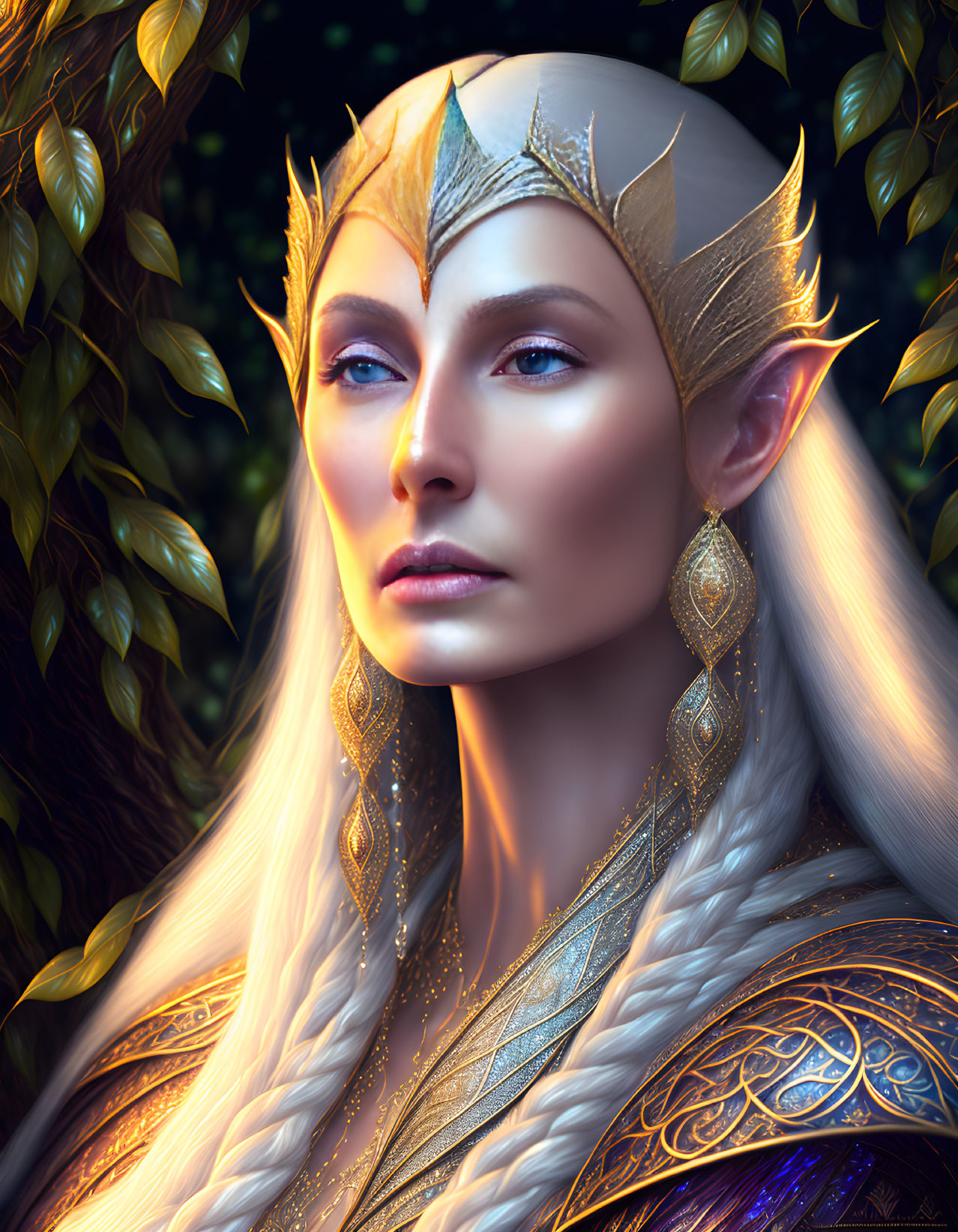 Elegant elf adorned with golden jewelry in shadowy forest landscape