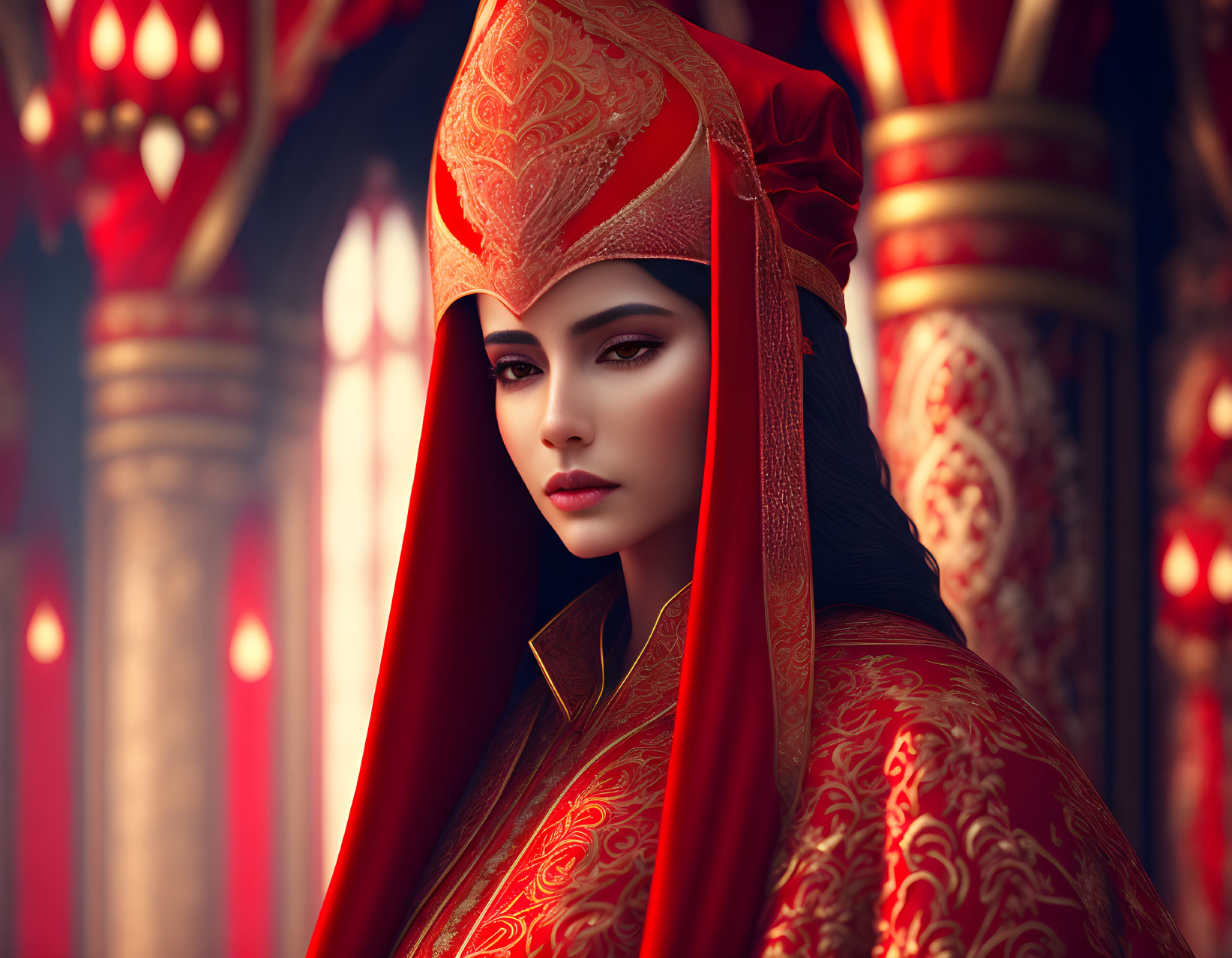 Regal Woman in Ornate Red Headdress and Robe