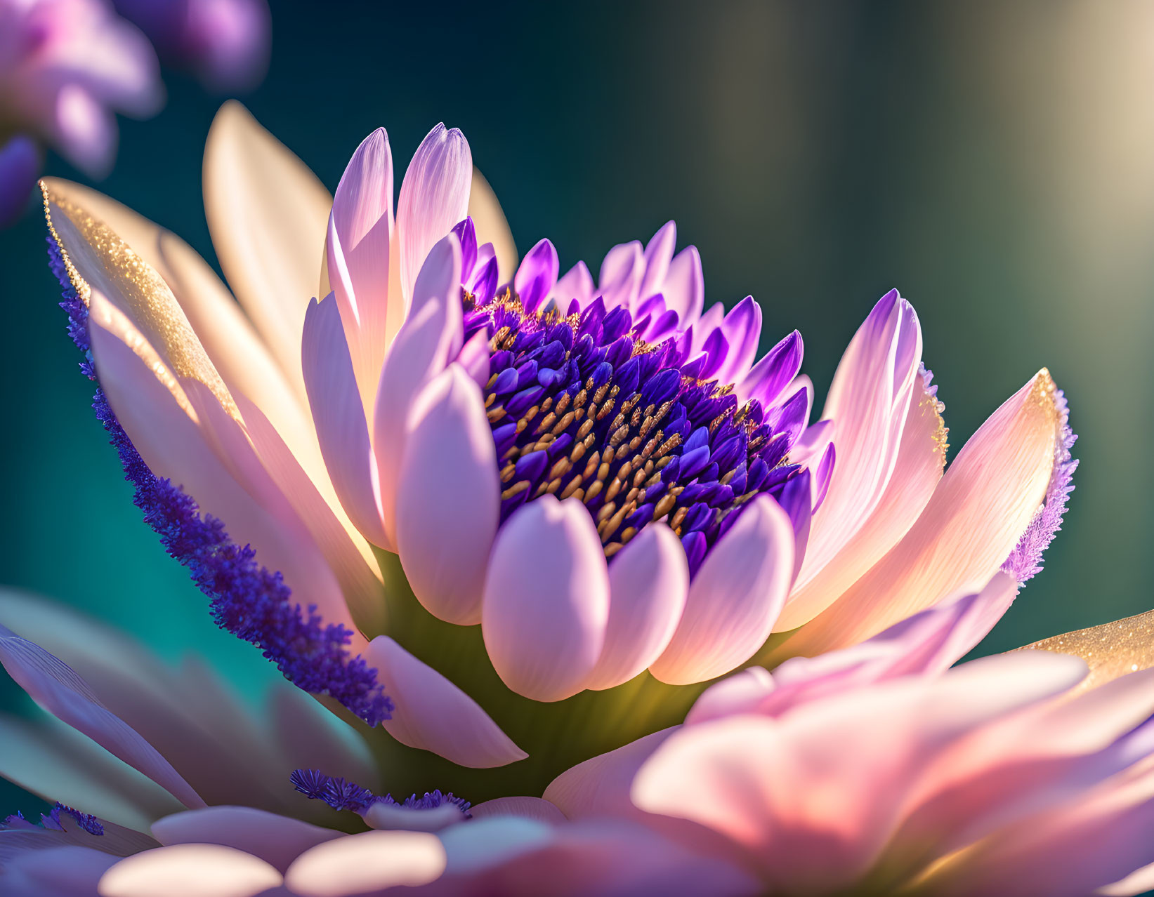 Vibrant pink and purple flower with delicate petals and golden center in soft sunlight