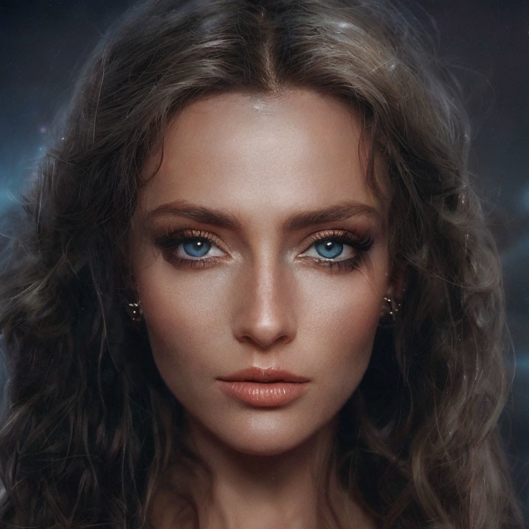 Close-Up Portrait of Woman with Striking Blue Eyes and Wavy Hair