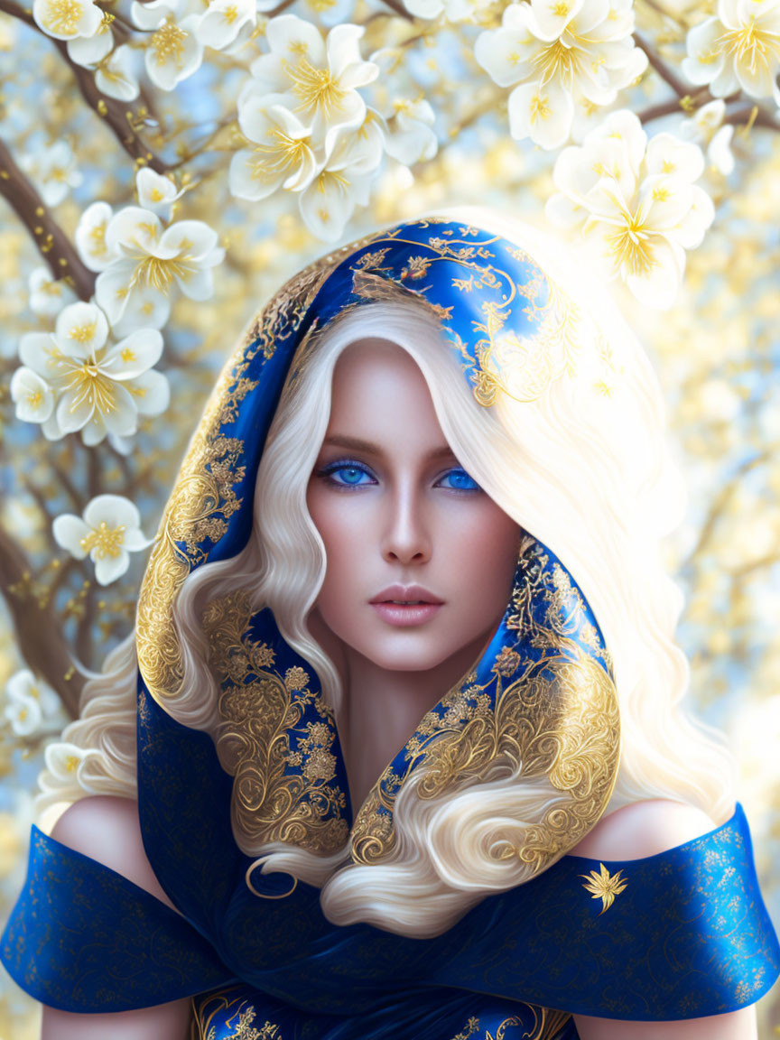 Blonde woman in blue headscarf with blue eyes among white blossoms