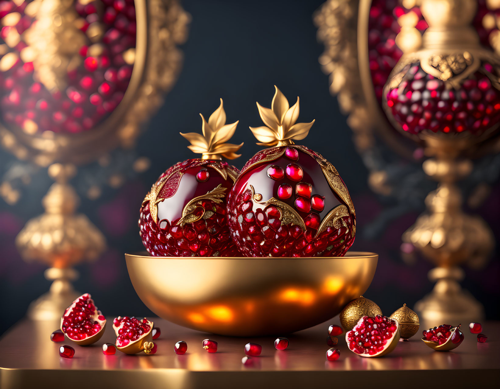 Luxurious Golden Bowls with Pomegranate Decorations on Dramatic Background