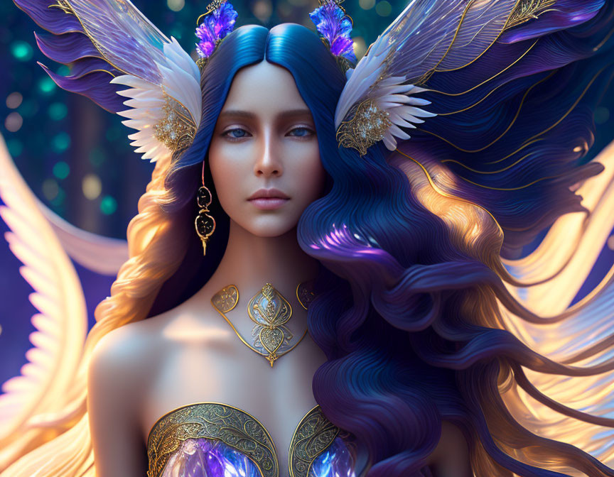 Fantasy female figure with blue hair and golden winged earrings in digital artwork