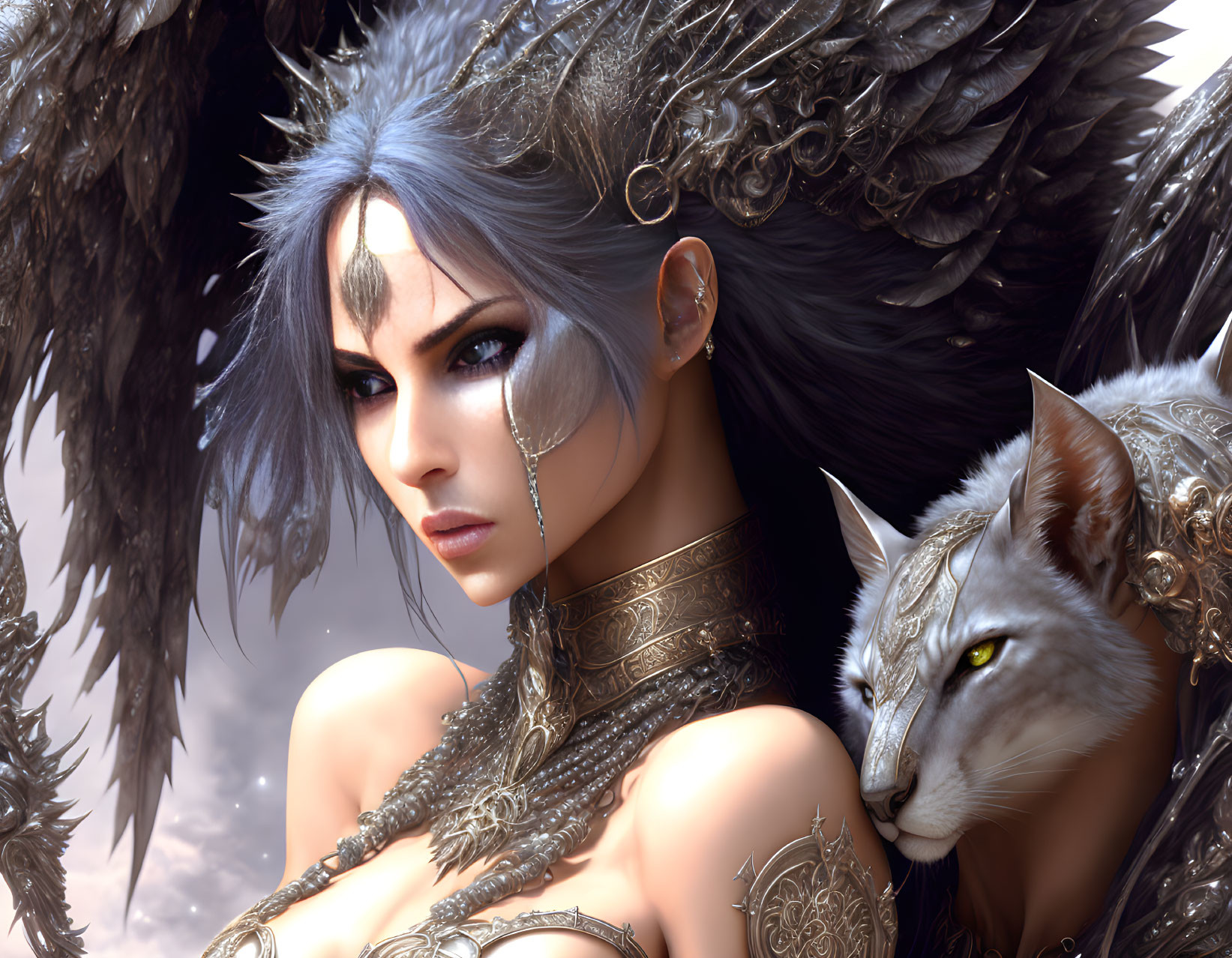 Fantastical female character with blue hair, dark angel wings, and white wolf companion in metallic armor