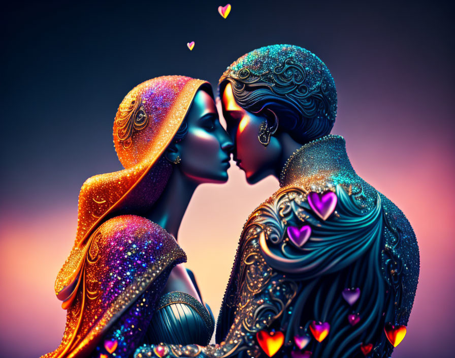 Stylized digital artwork of embracing couple with intricate patterns