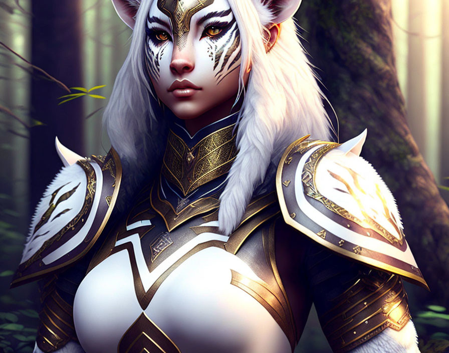 Feline-inspired fantasy character in white hair and gold armor in mystical forest