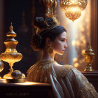 Regal woman with crown and elegant attire in luxurious setting