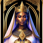 Regal Woman in Gold Crown and Robes Against Golden Arch