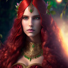 Digital portrait of woman with red hair, green and gold tiara, necklace, roses, and vines