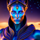 Female Figure with Blue Skin and Glowing Eyes in Ornate Golden Attire against Dusky Orange