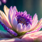 Vibrant pink and purple flower with delicate petals and golden center in soft sunlight