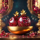 Luxurious Golden Bowls with Pomegranate Decorations on Dramatic Background