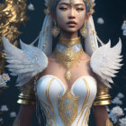 Regal woman with golden embroidery, jewelry, white tiger, and wings.