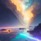 Luminous digital art: Glowing cliffs, serene water, ethereal lights