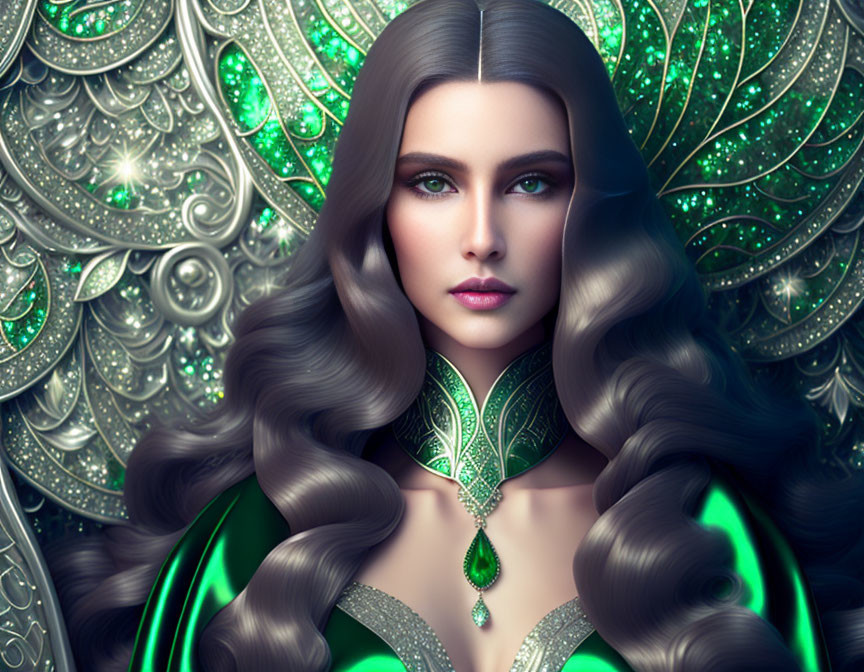 Woman's digital portrait: long wavy hair, blue eyes, green dress with silver patterns.