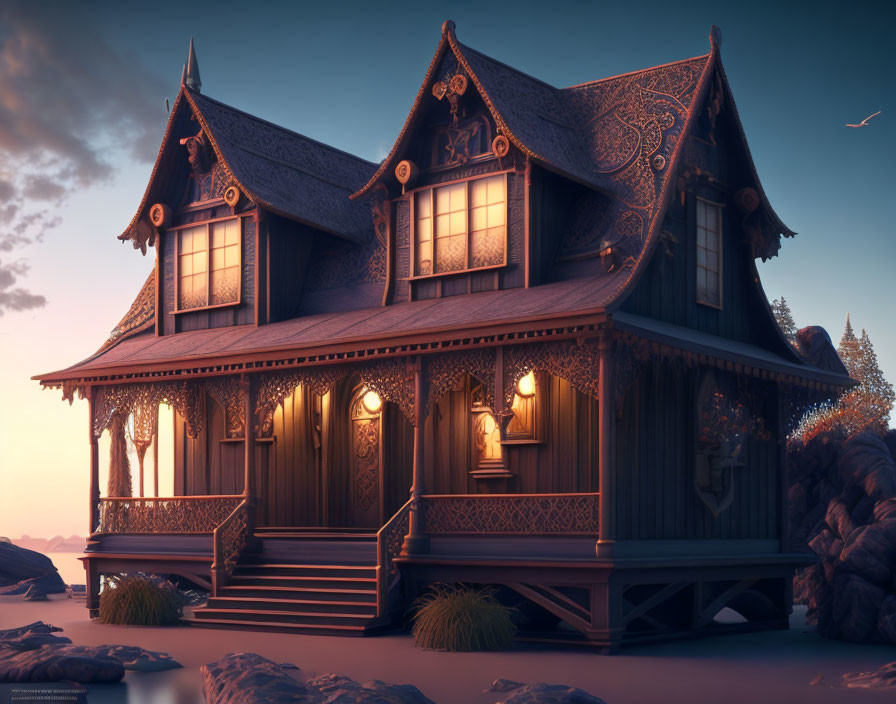 Intricately carved wooden house by calm sea at dusk