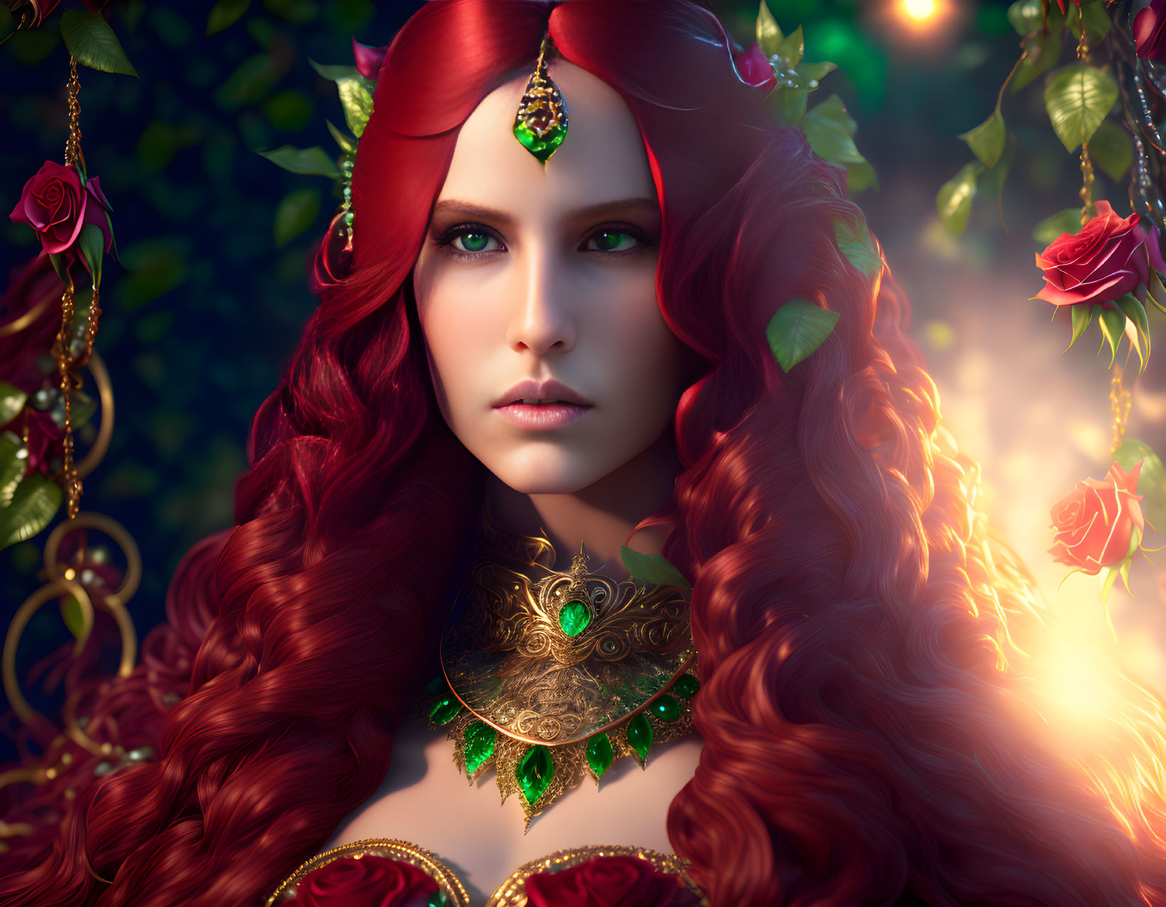 Digital portrait of woman with red hair, green and gold tiara, necklace, roses, and vines