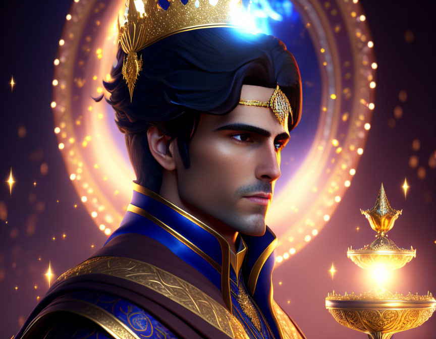 Male character in royal attire with crown holds magical lamp on purple background.