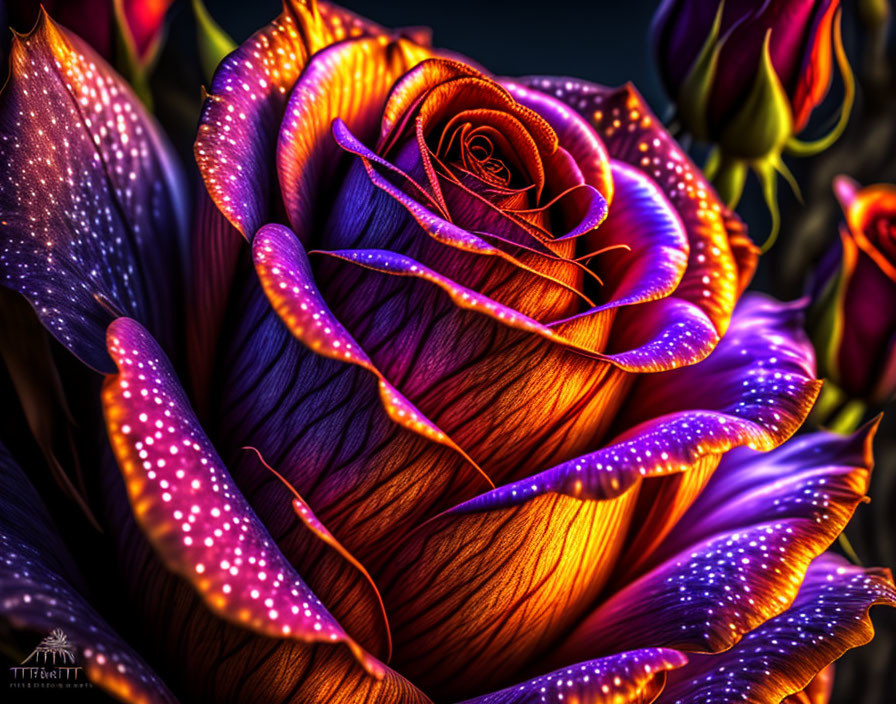 Vivid close-up of orange and purple rose with luminescent speckles