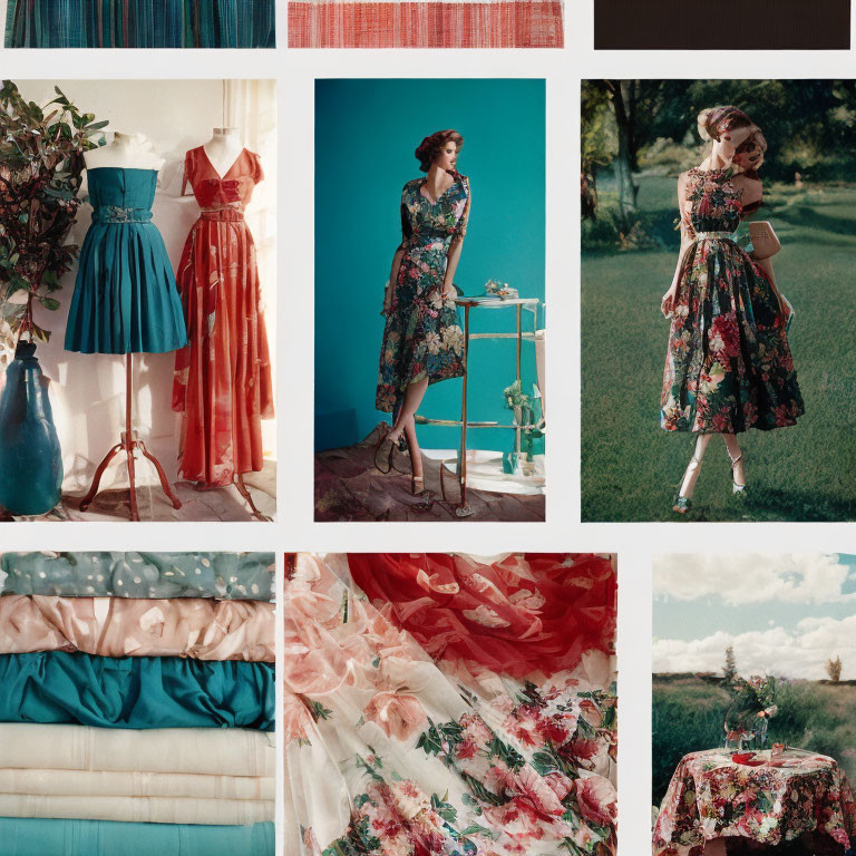 Vintage-Style Fashion Collage: Floral and Blue Dresses with Fabric Textures