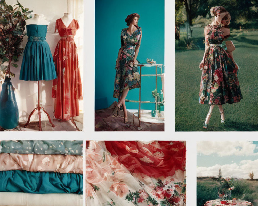 Vintage-Style Fashion Collage: Floral and Blue Dresses with Fabric Textures