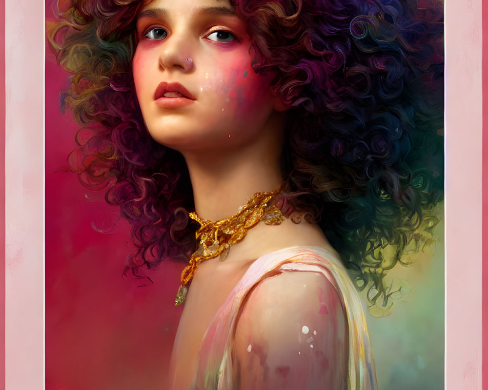 Colorful portrait of a person with curly, multi-colored hair and golden necklace against warm gradient.