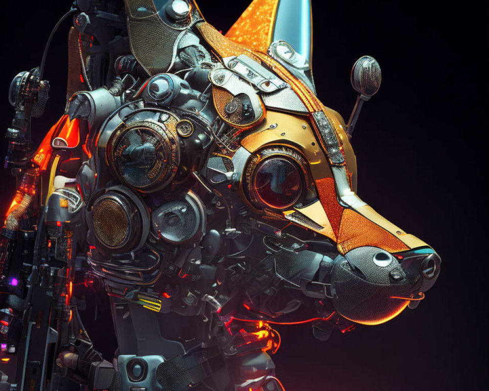 Detailed Robotic Dog Head with Orange Accents and Glowing Elements