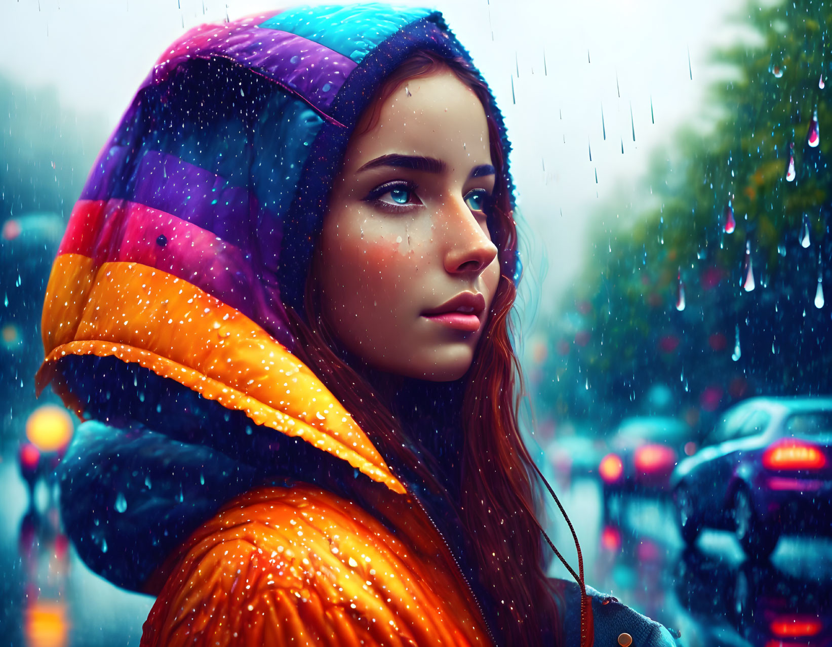 Colorful Hooded Young Woman Contemplating Rainy City Scene