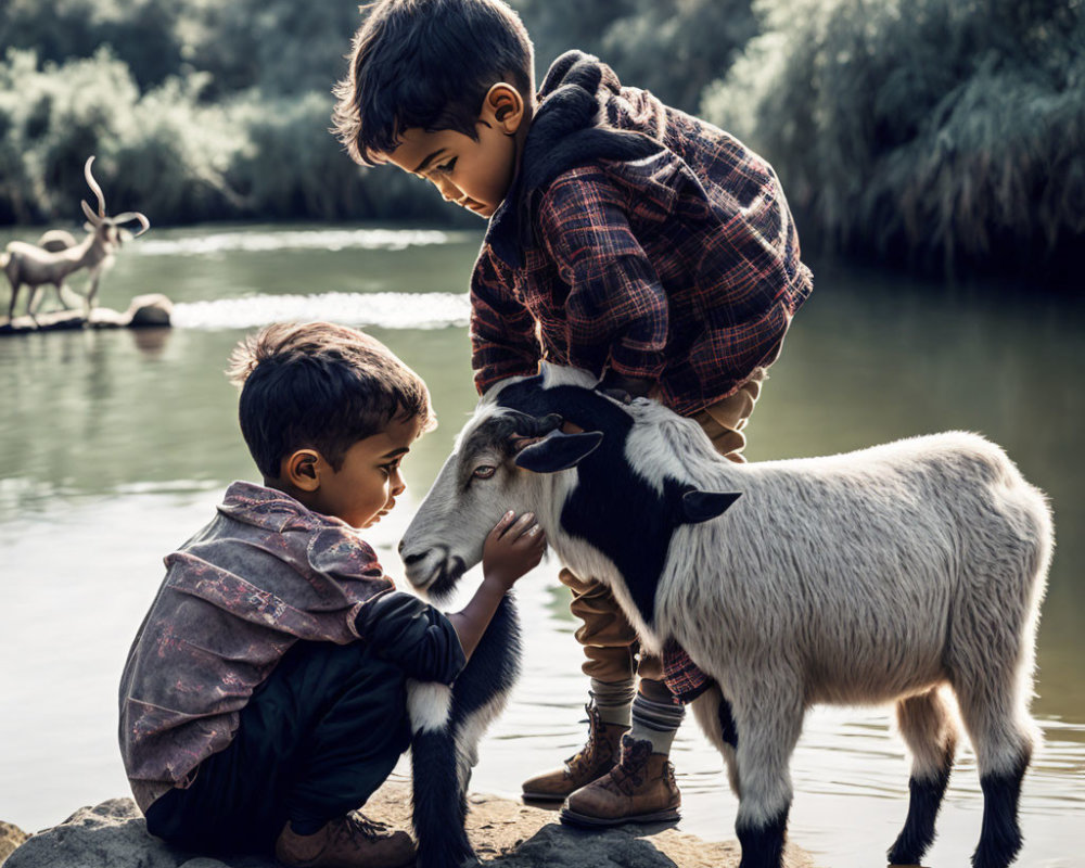 Children and goat by water's edge in tranquil setting