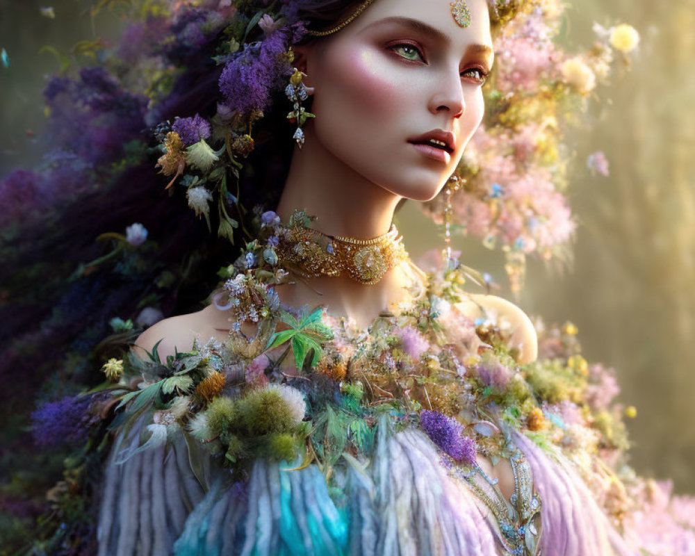 Fantasy portrait of woman with lush flowers and foliage in ethereal ambiance