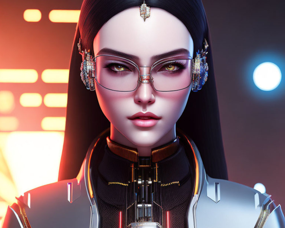 Futuristic female character with black hair, reflective glasses, high-tech earrings, and glowing suit