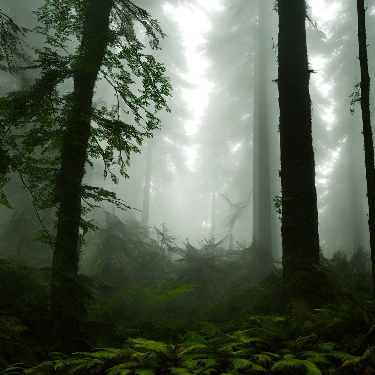 Lush green forest with towering trees and sun rays filtering through fog