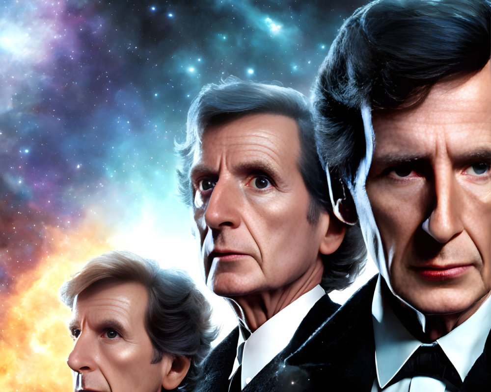 Three men in formal attire against a cosmic starry background with serious expressions