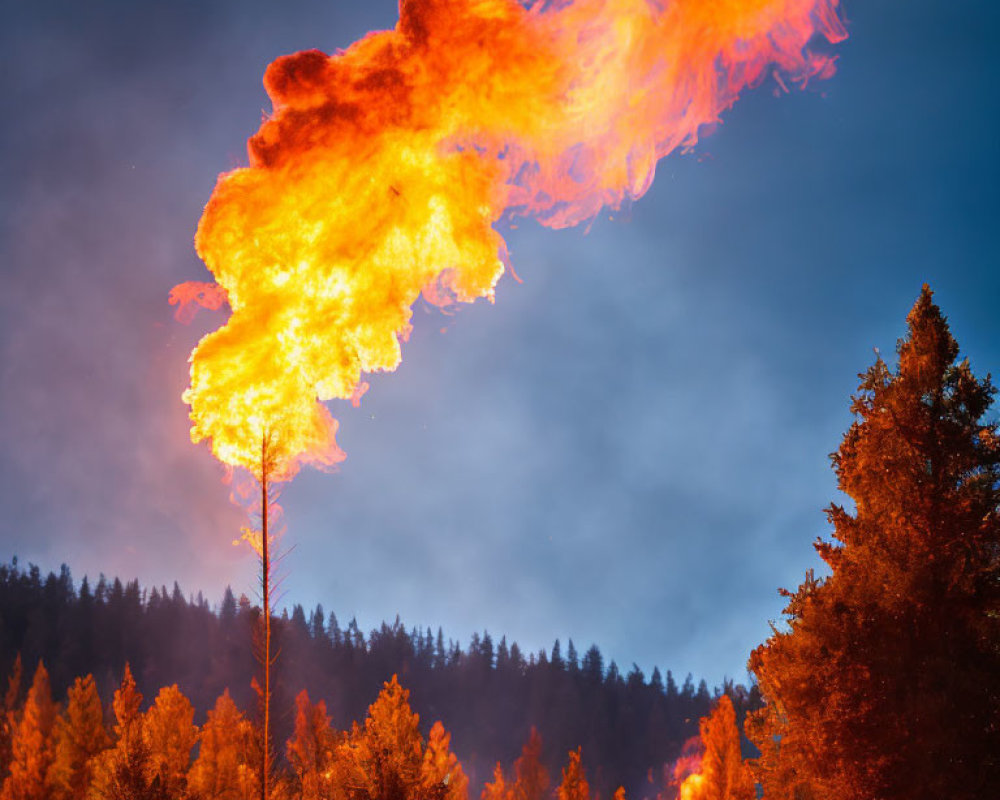 Intense tree-top blaze against dusky sky