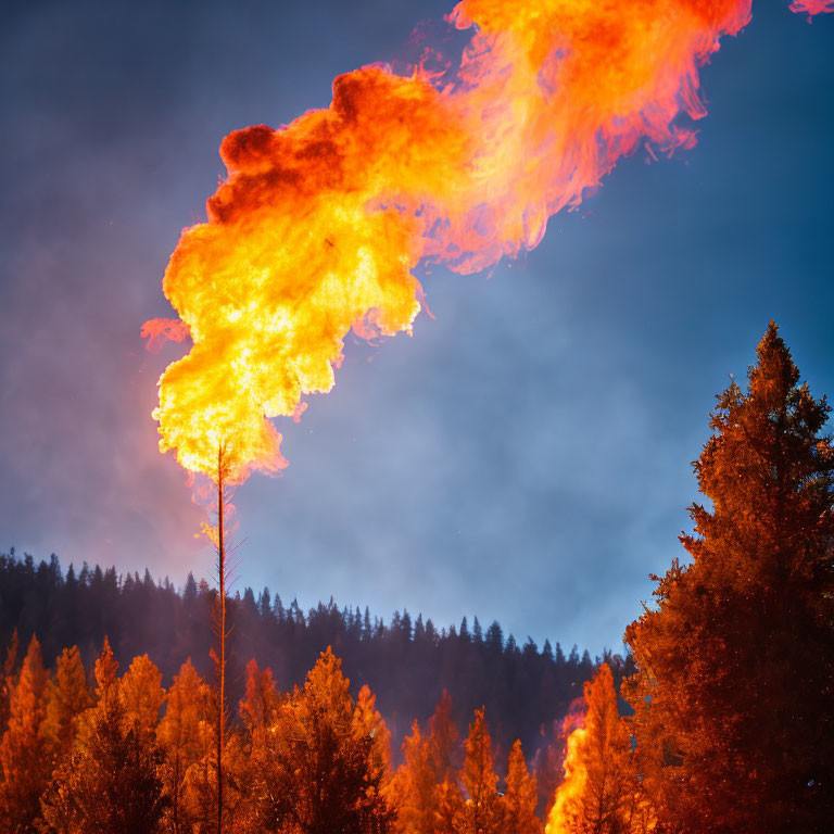 Intense tree-top blaze against dusky sky