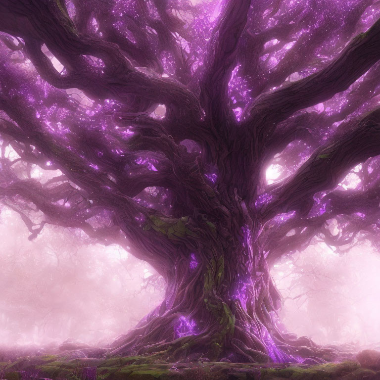 Mystical large tree with glowing purple foliage in misty landscape