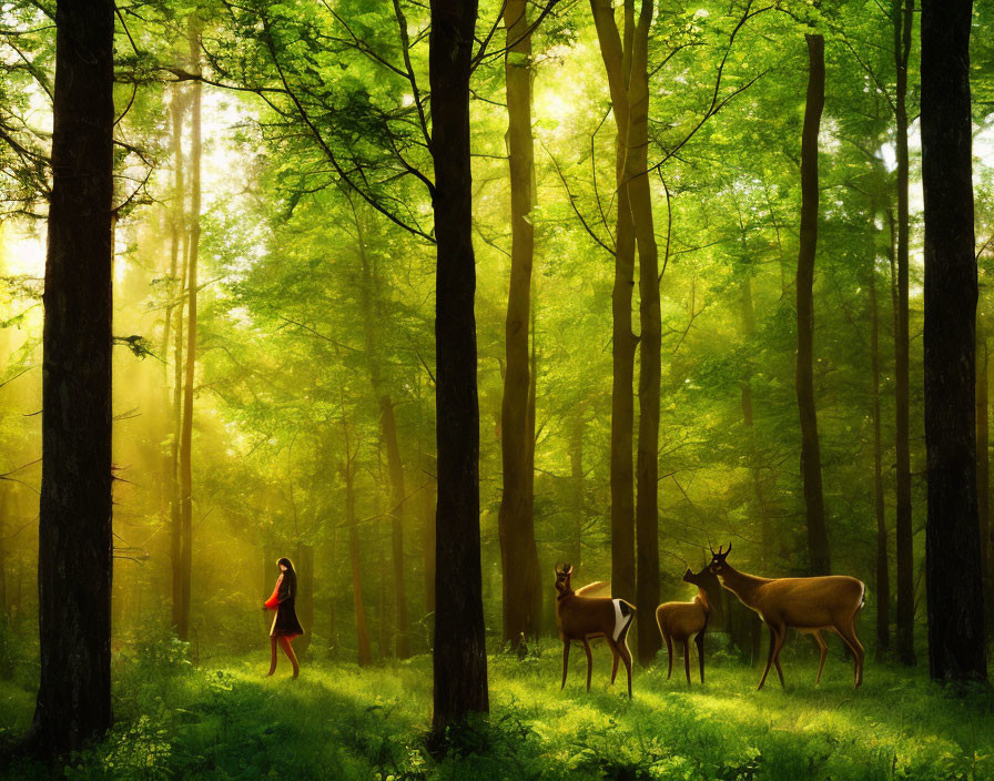 Tranquil forest scene with person and deer in sunlight