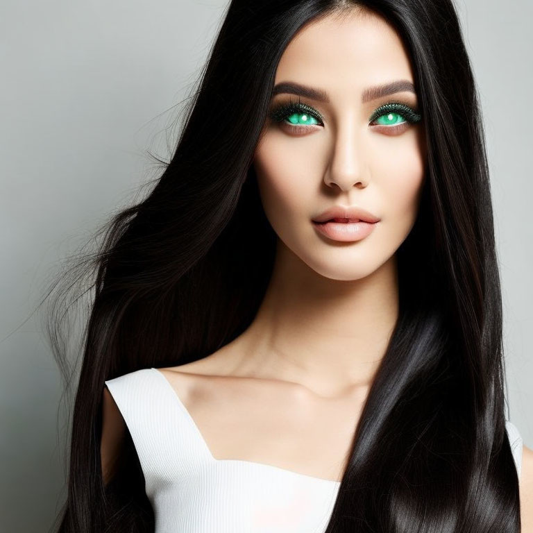 Portrait of Woman with Long Dark Hair and Striking Green Eyeshadow