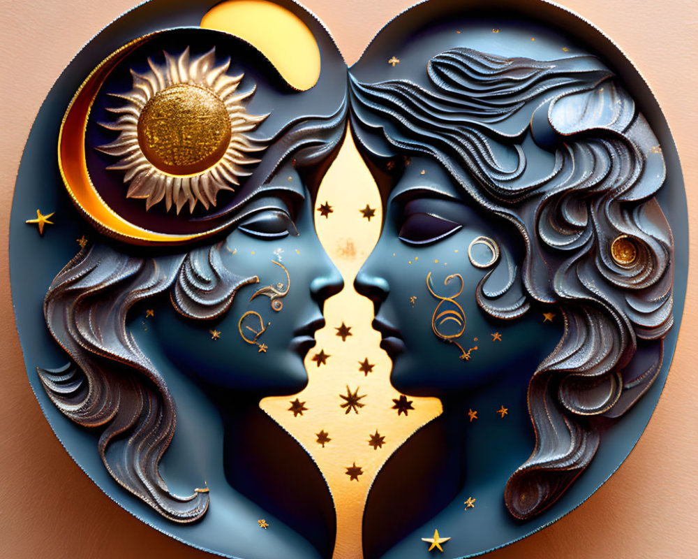 Dual profile faces form heart shape with celestial elements in cosmic theme