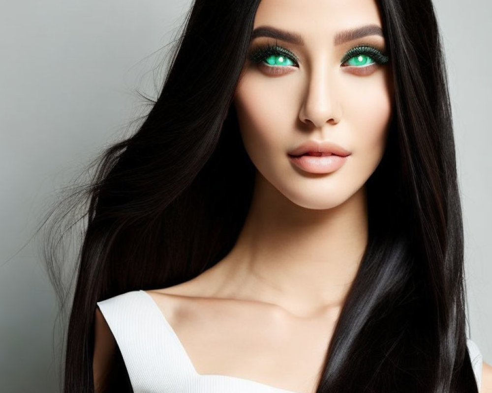 Portrait of Woman with Long Dark Hair and Striking Green Eyeshadow