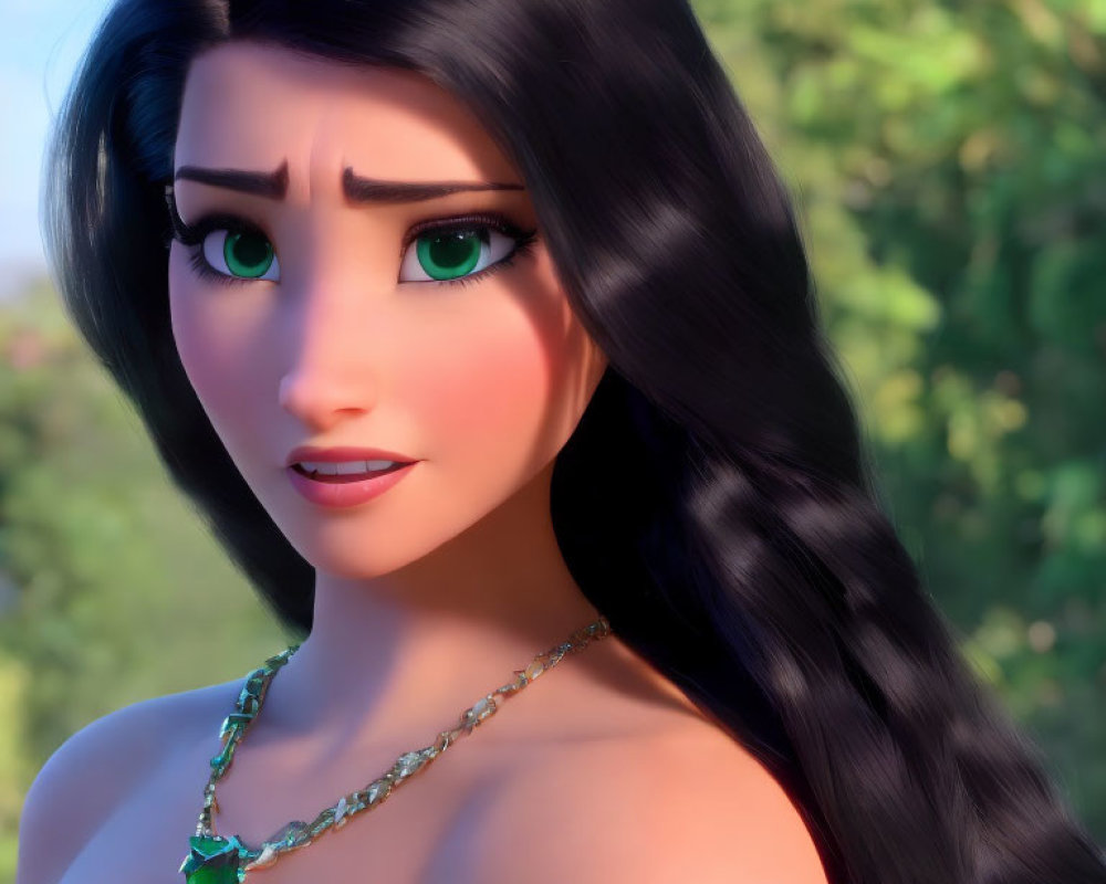 Animated female character with long black hair and green eyes wearing a green pendant necklace against a blurred natural background