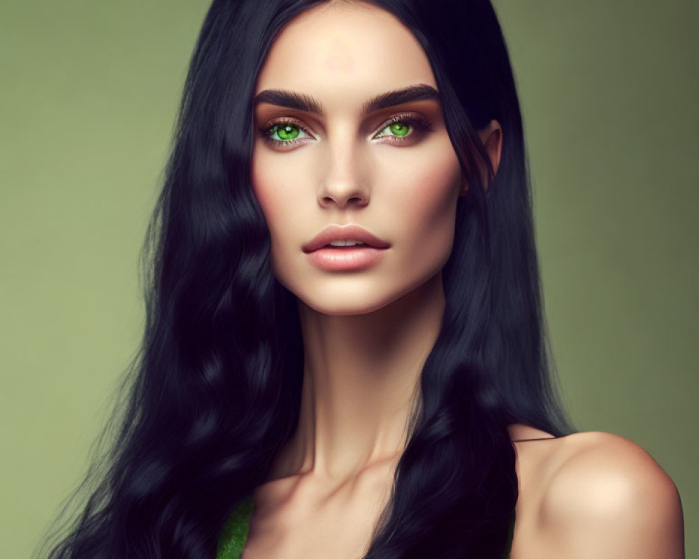 Portrait of Woman with Long Black Hair and Striking Green Eyes in Green Outfit