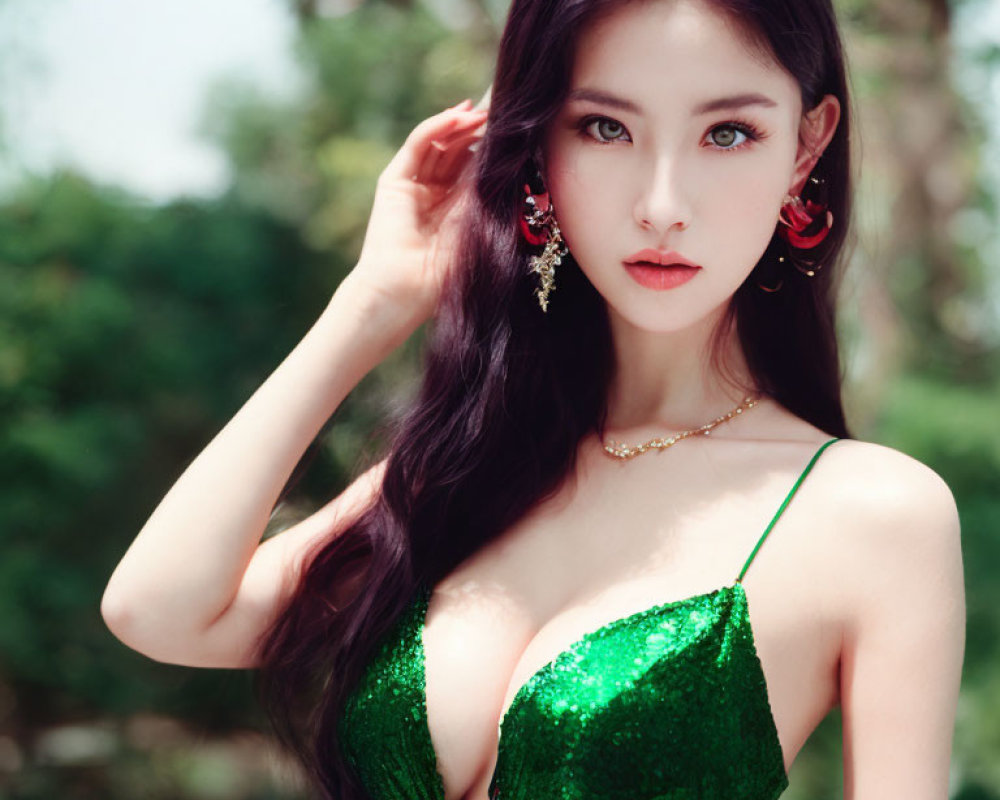 Woman with Long Dark Hair in Glittering Green Dress Amidst Nature