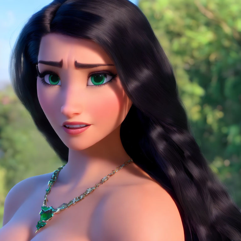 Animated female character with long black hair and green eyes wearing a green pendant necklace against a blurred natural background