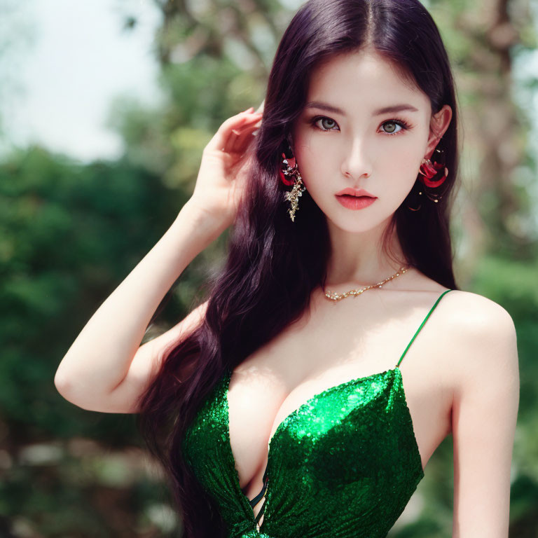 Woman with Long Dark Hair in Glittering Green Dress Amidst Nature