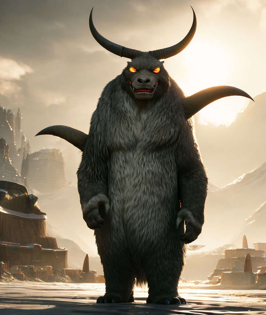 Menacing animated creature with large horns and sly grin against dramatic sunset.