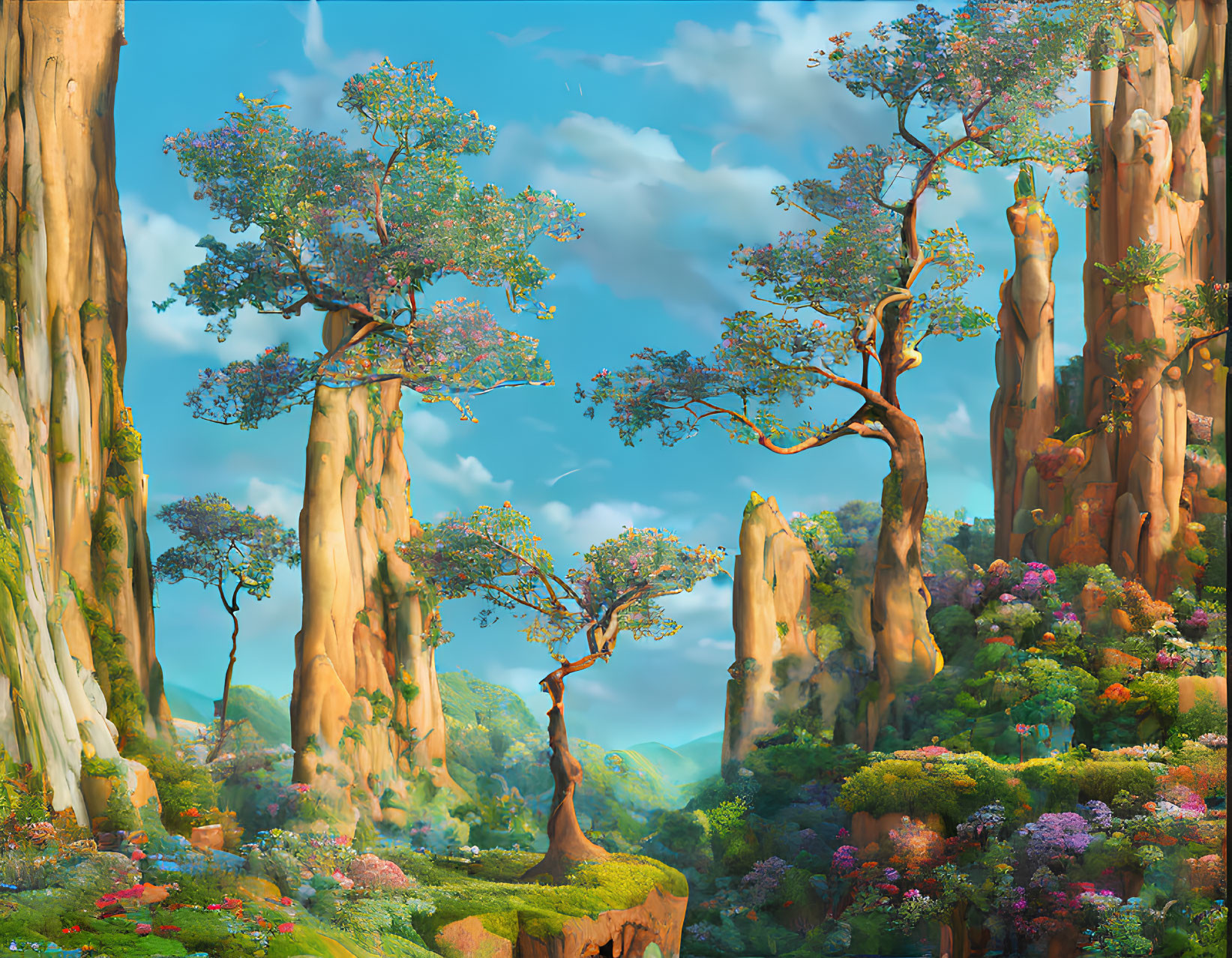 Lush forest with towering trees and colorful flowers