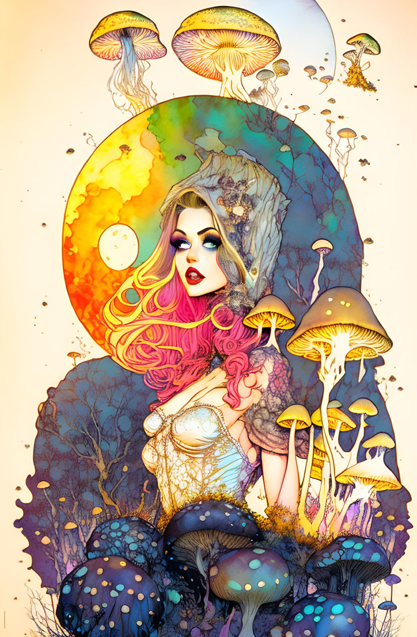 Vibrant Hair Woman Among Stylized Mushrooms in Moonlit Scene